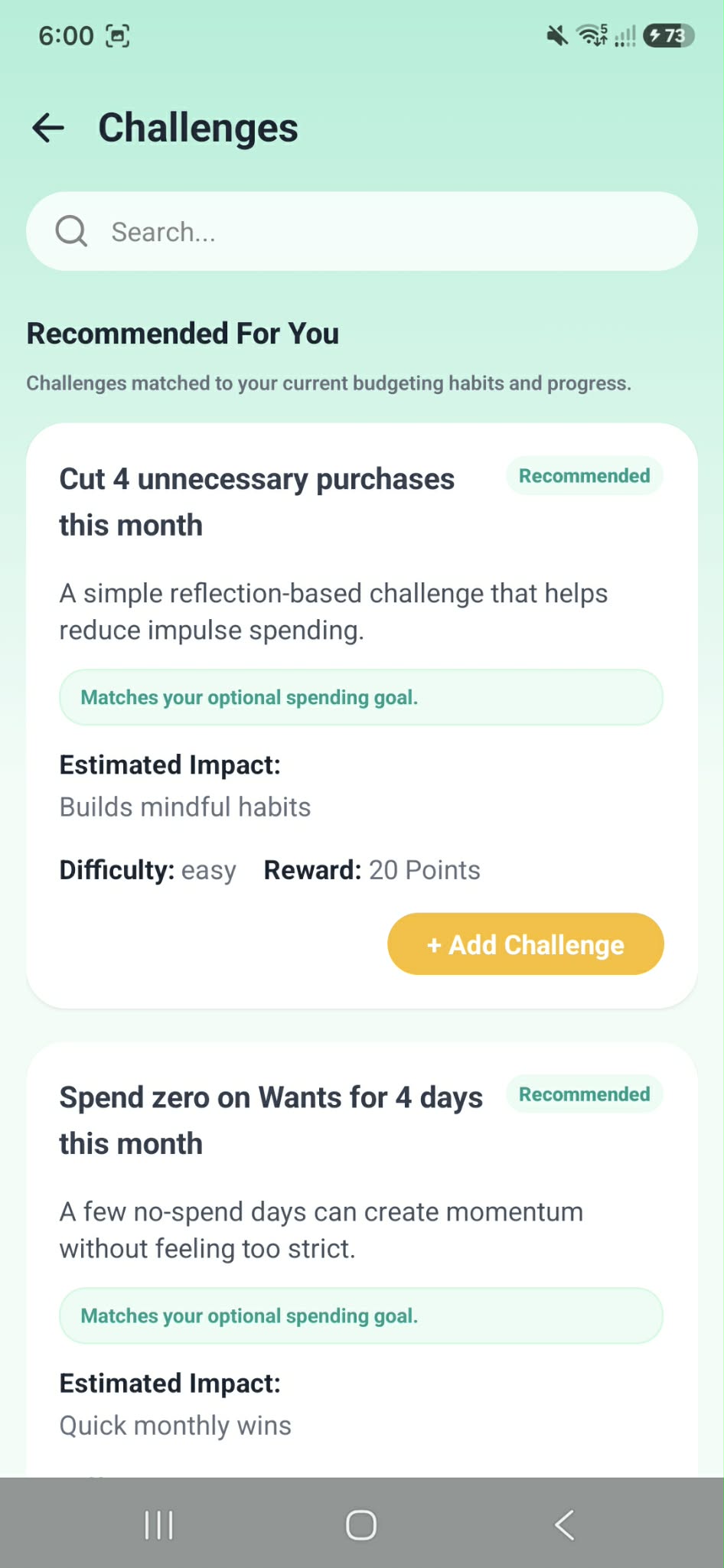 KakeiBuddy challenge catalog screen