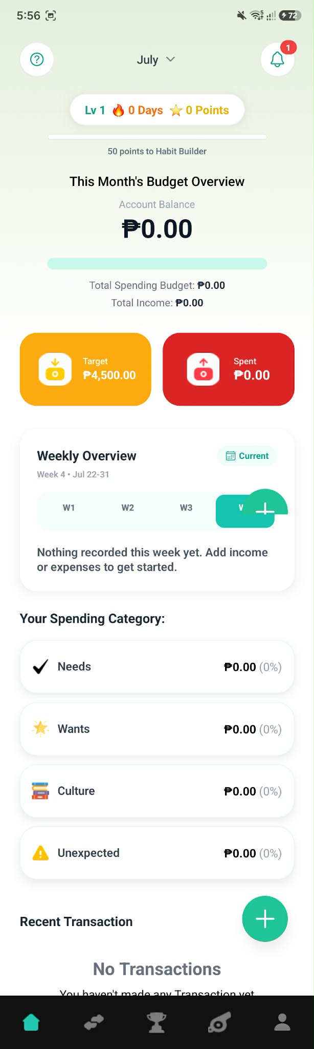 KakeiBuddy Home screen with monthly and weekly budget overview