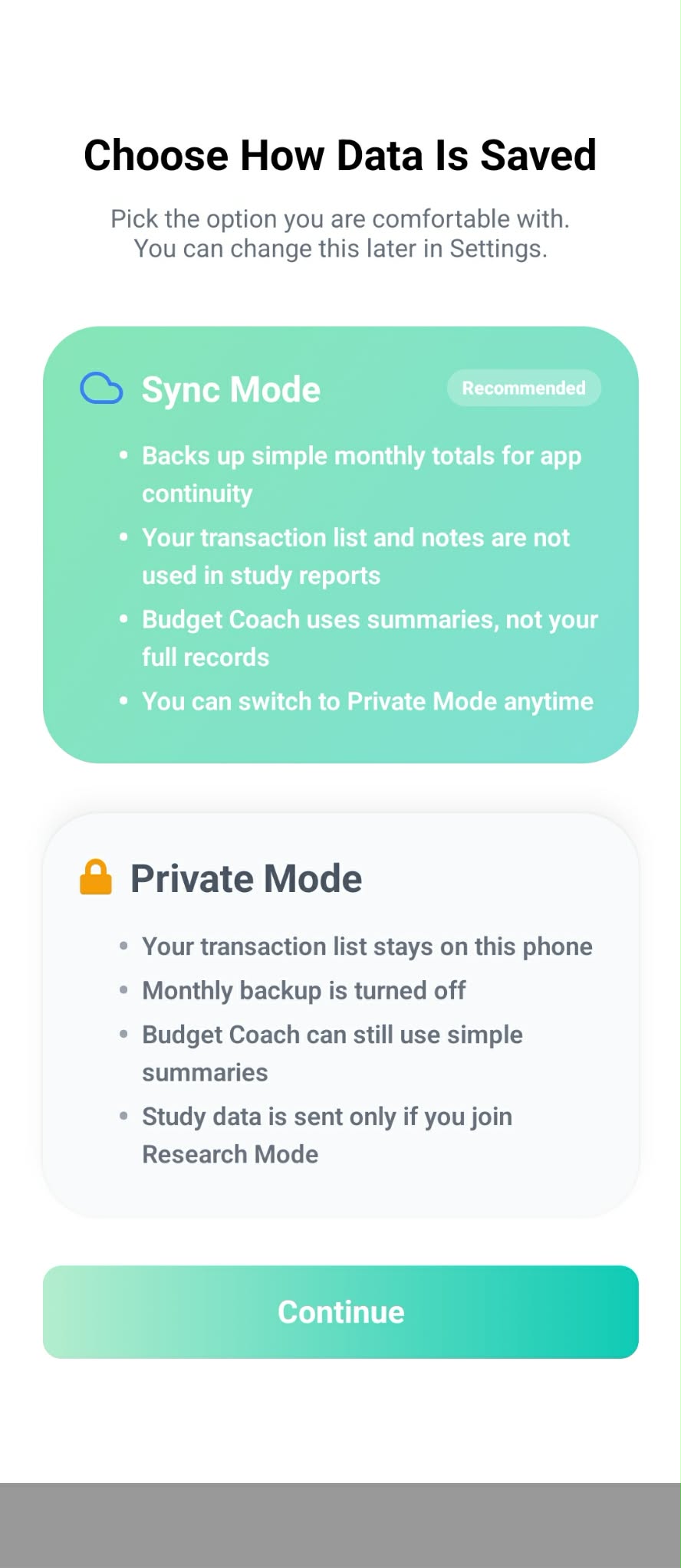 KakeiBuddy data mode selection screen
