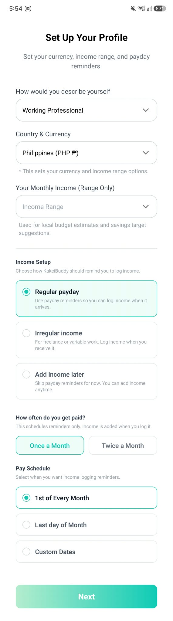 KakeiBuddy country income and pay schedule setup screen