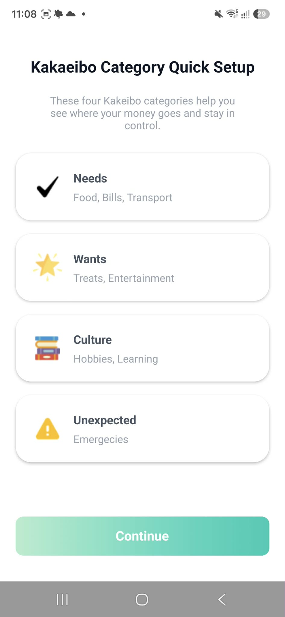 KakeiBuddy category setup screen