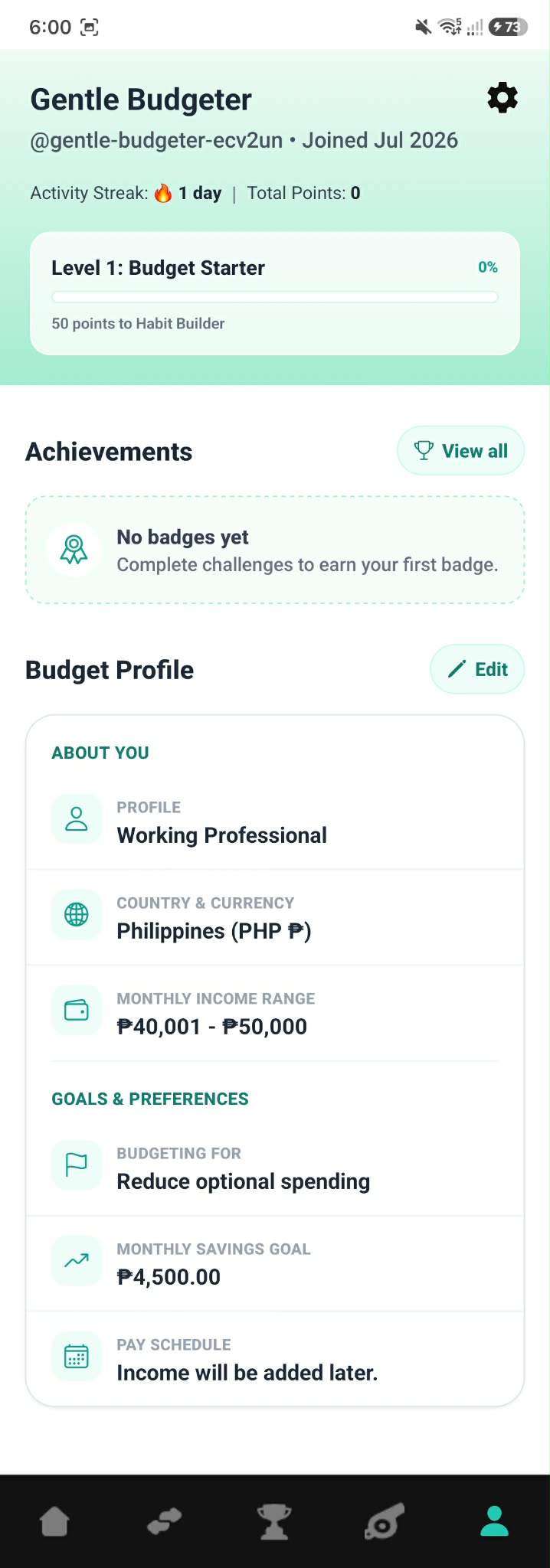 KakeiBuddy Profile screen