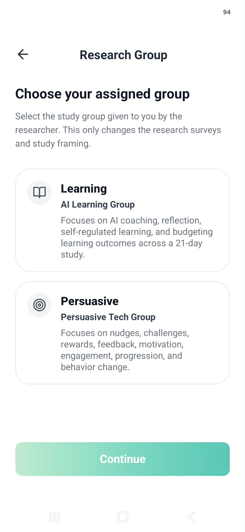 KakeiBuddy research group selection screen