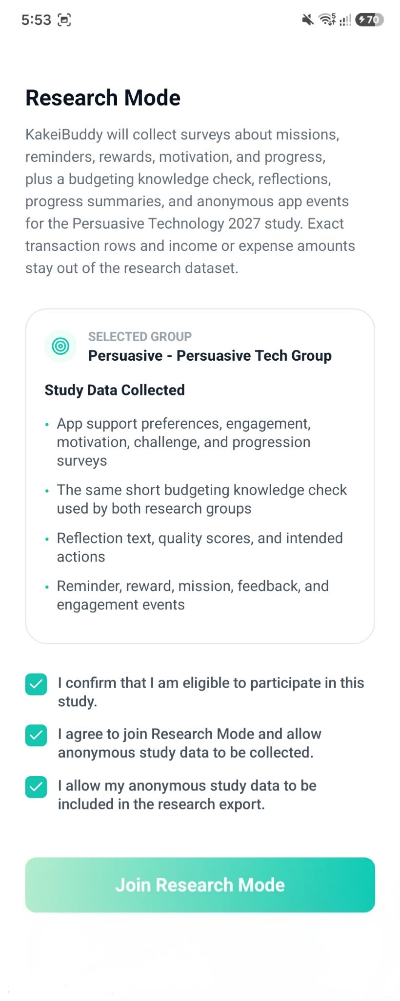 KakeiBuddy Persuasive Technology research consent screen