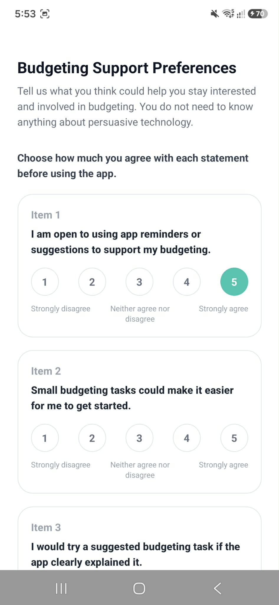 KakeiBuddy Persuasive Technology pre-study survey screen