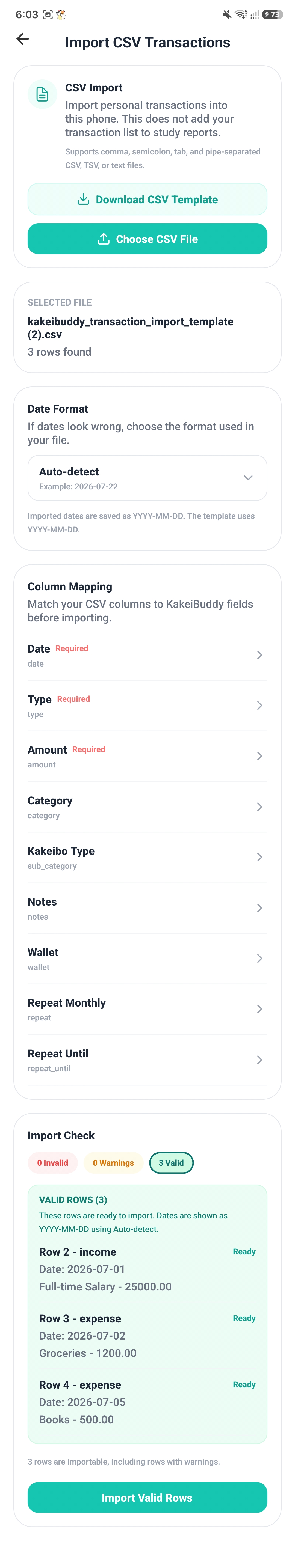 KakeiBuddy CSV import column mapping screen