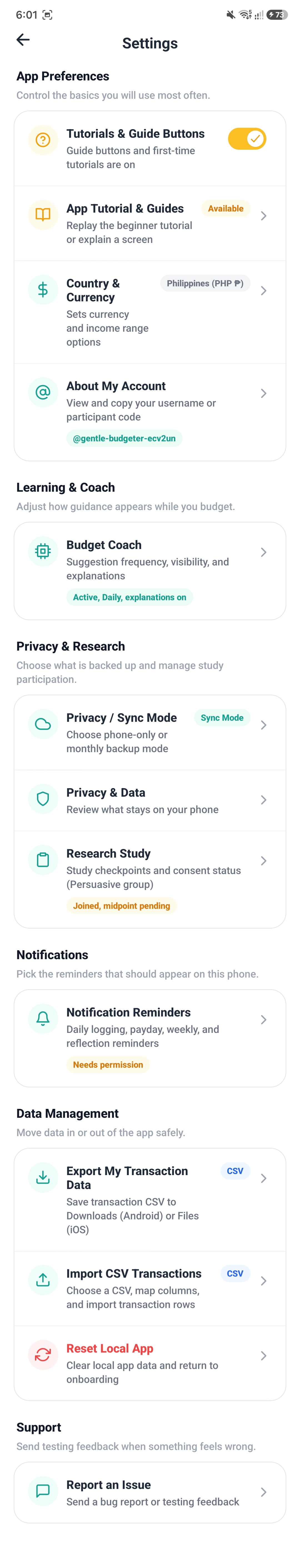 KakeiBuddy Settings screen