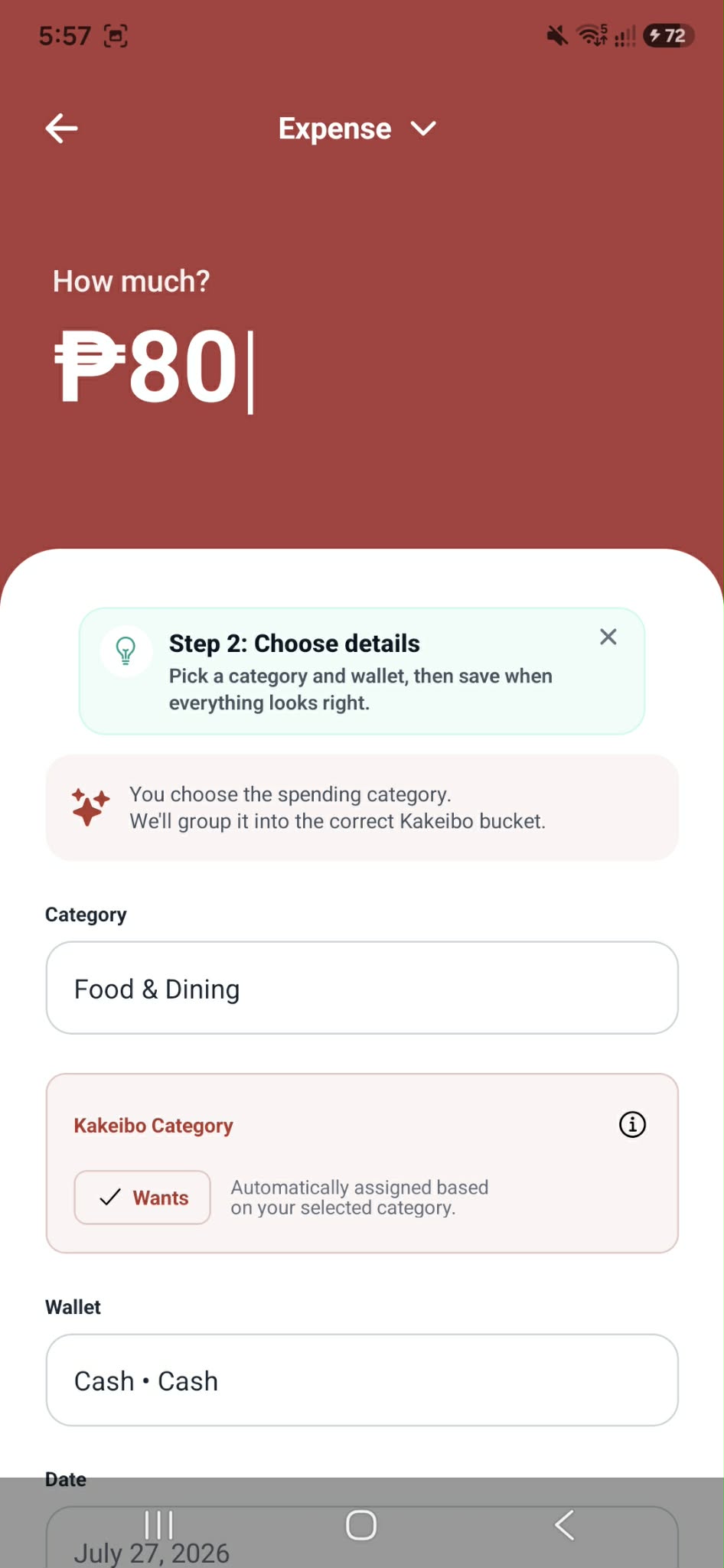 KakeiBuddy expense transaction details screen