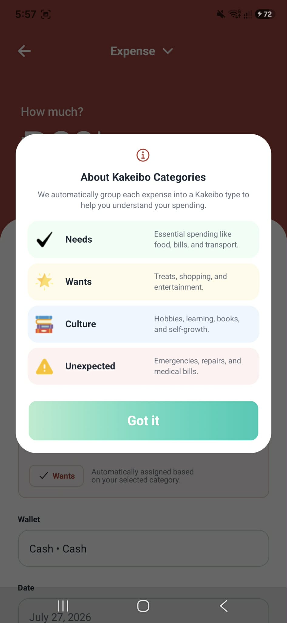 KakeiBuddy expense transaction category information modal