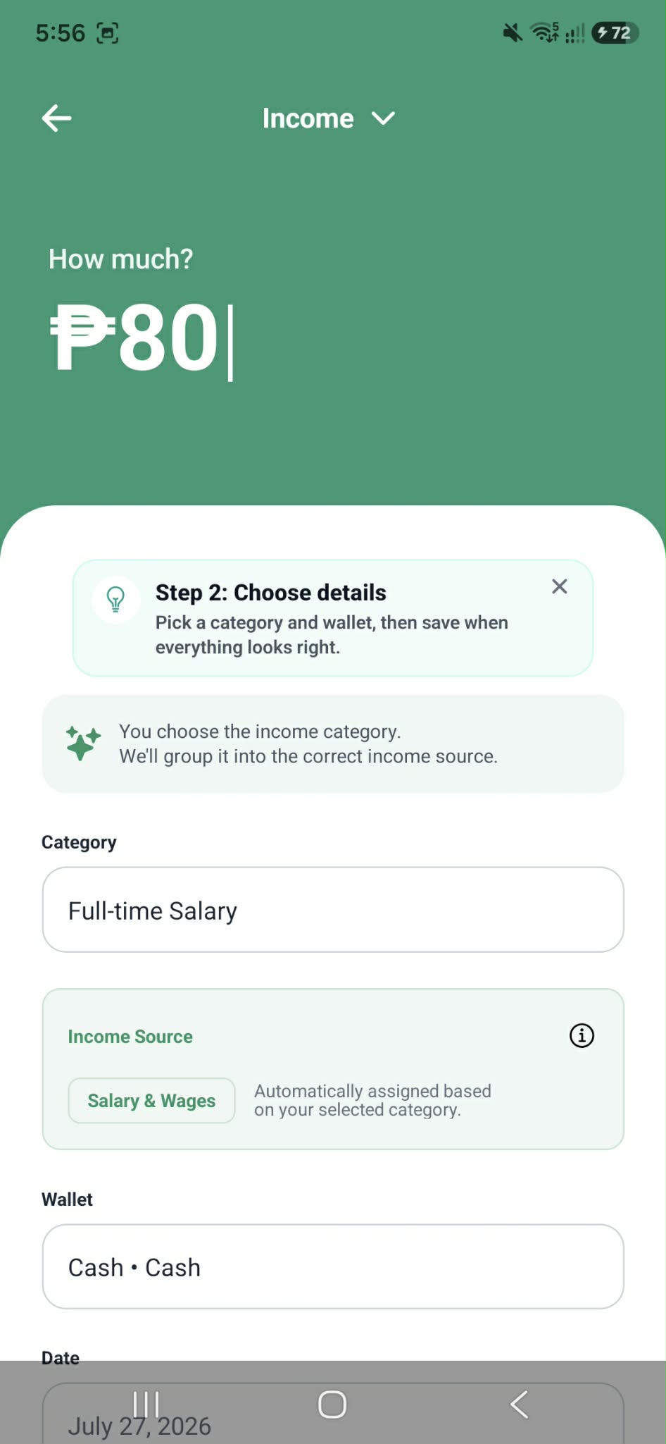KakeiBuddy income transaction details screen