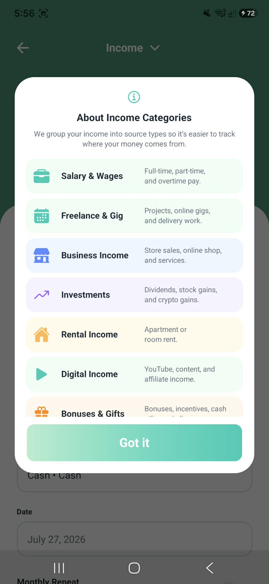 KakeiBuddy income transaction category information modal