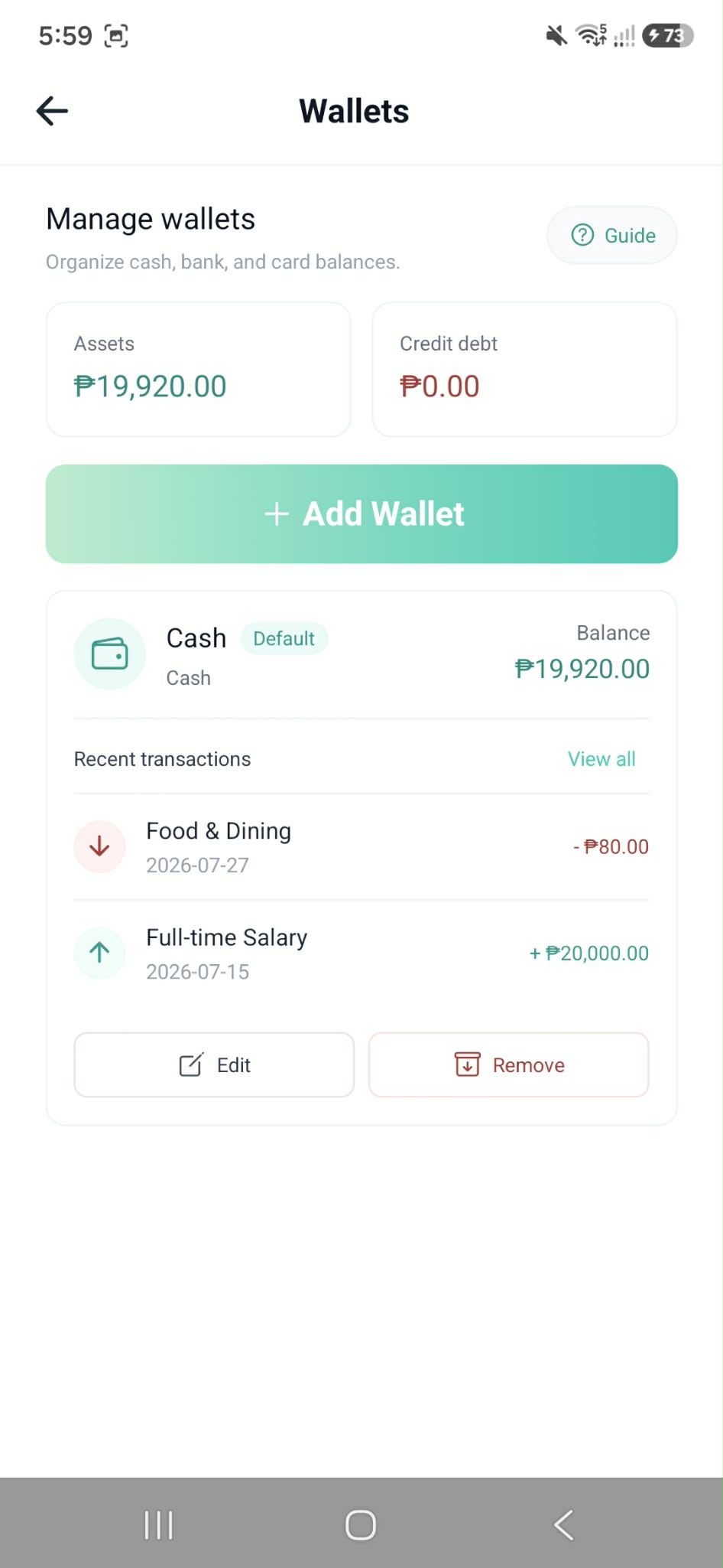 KakeiBuddy wallets screen